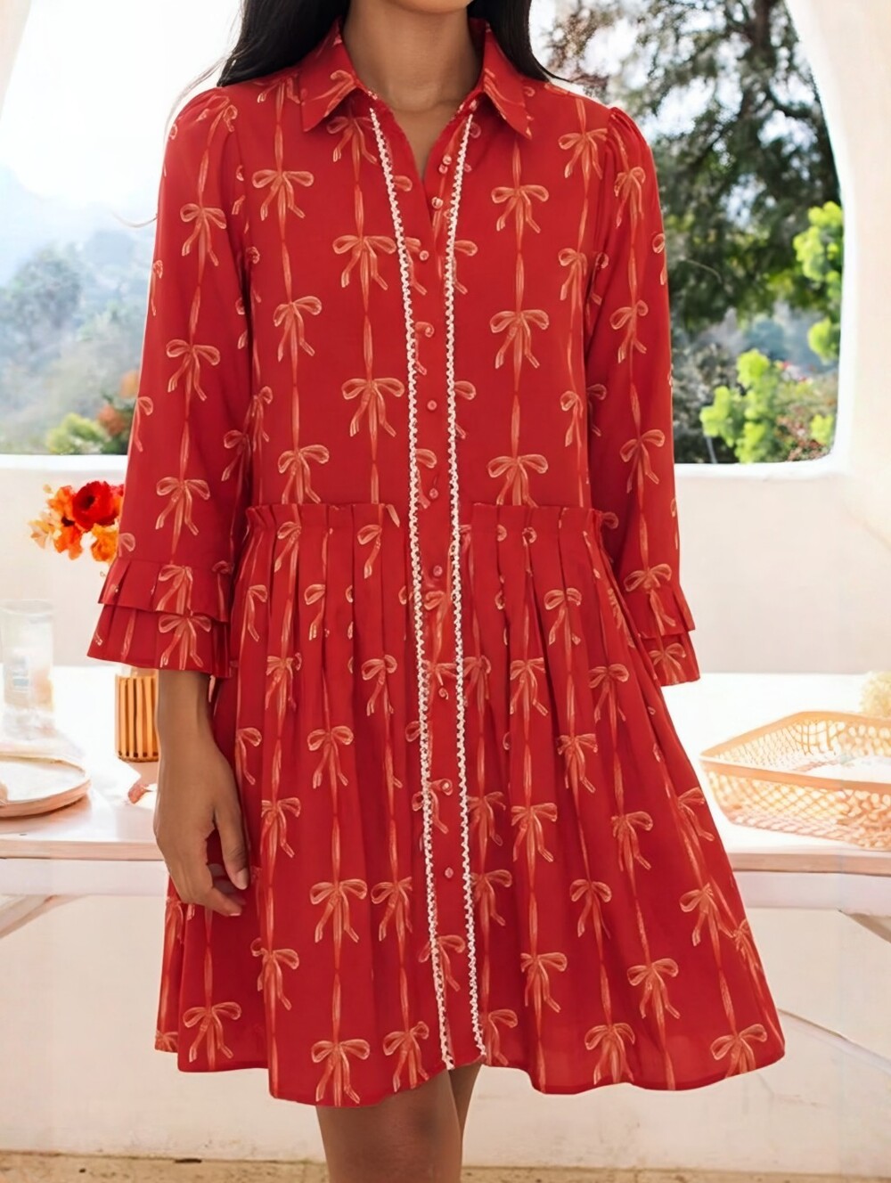 Ivy City Co. Bow Cotton Red Pleated Shirt Dress, XS